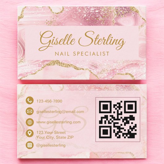Nail Specialist Blush Pink Gold Agate QR Code Visitenkarte