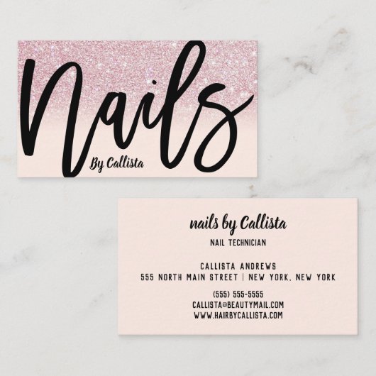 Nail Tech Girly Pink Glitzer Ombre Typografie Visitenkarte (Vorne/Hinten)
