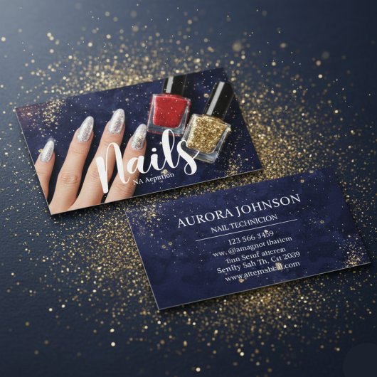 Nail Tech Glam Navy glitter Business Card Visitenkarte