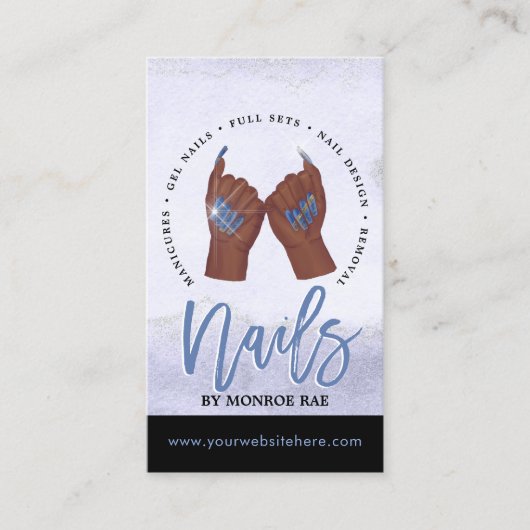 Nail Tech / Nails Salon Blue Glam Business Card Visitenkarte (Vorderseite)