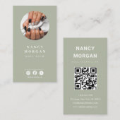 Nail Tech Qr Code Photo Sage Green  Visitenkarte (Vorne/Hinten)