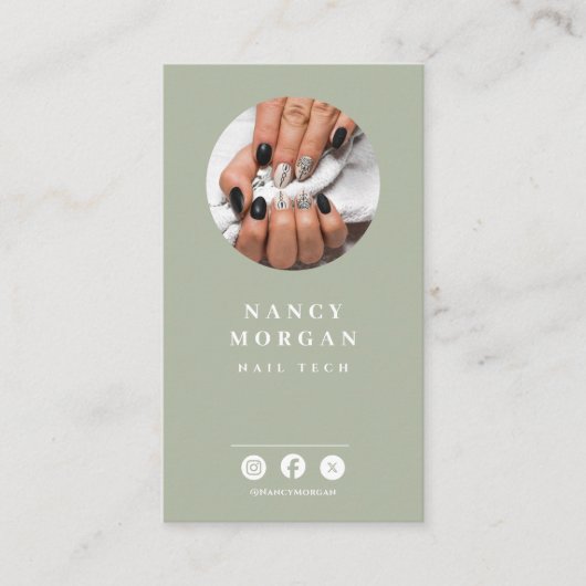 Nail Tech Qr Code Photo Sage Green  Visitenkarte (Vorderseite)