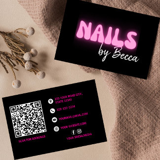 Nail Tech Retro Rosa Neon QR Code Trendy Visitenkarte