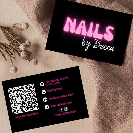 Nail Tech Retro Rosa Neon QR Code Trendy Visitenkarte