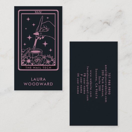 Nail Tech Tarot Card Theme Pink Black Visitenkarte (Vorne/Hinten)