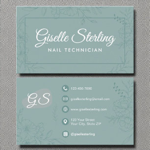 Nail Technician Aquamarin Floral Line Art Modernes Visitenkarte