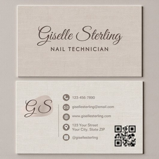 Nail Technician Beige Linen Modern Elegant QR Code Visitenkarte