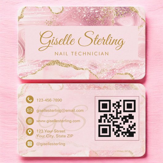Nail Technician Pink Gold Agate QR Code Visitenkarte