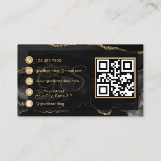Nail Technician QR Code Black Gold Agate Luxus Visitenkarte (Rückseite)