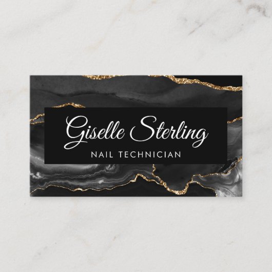 Nail Technician QR Code Black Gold Agate Luxus Visitenkarte (Vorderseite)