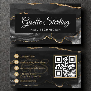 Nail Technician QR Code Black Gold Agate Luxus Visitenkarte