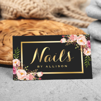Nail Technician Salon Black Gold Blumenschrift Visitenkarte