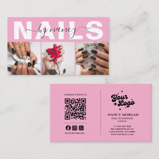 Nail Technician Typography Photo Qr Code Logo  Visitenkarte (Vorne/Hinten)
