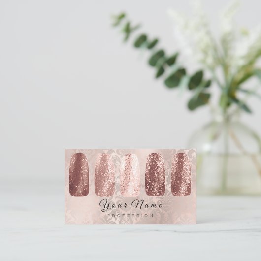 Nails Art Glitzern Damask Champagne Rose Gold Visitenkarte (Stehend Vorderseite)