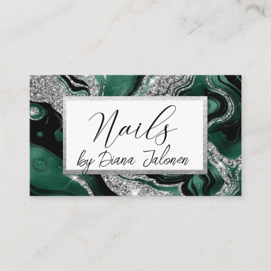 Nails Ernennung Erinnerung Silver Green Marmor Visitenkarte (Vorderseite)