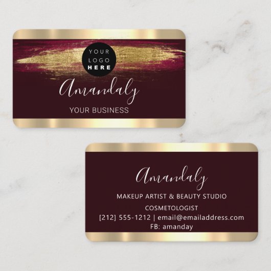 Nails Makeup Stylist Gold Burgundy Strokes Logo Visitenkarte (Vorne/Hinten)
