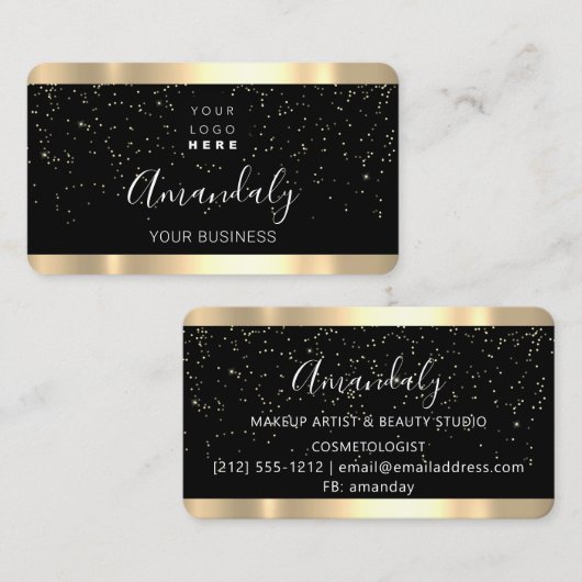 Nails Makeup Stylist Gold Confetti Black Logo Visitenkarte (Vorne/Hinten)