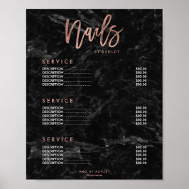 Nails Rose Gold Skript schwarze Marmorpreisliste Poster