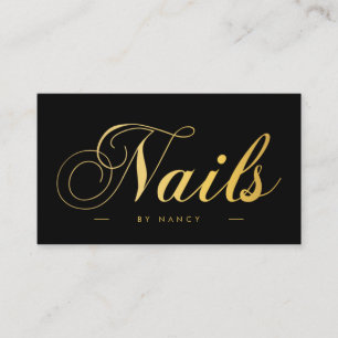 Nails Script Calligraphy Black & Gold Visitenkarte