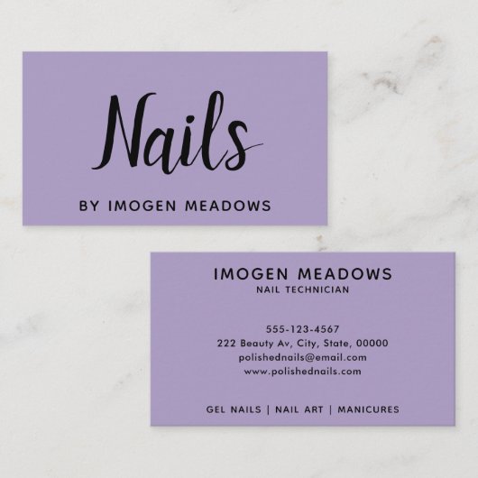 Nails Script Calligraphy Lila Beruflich Visitenkarte (Vorne/Hinten)