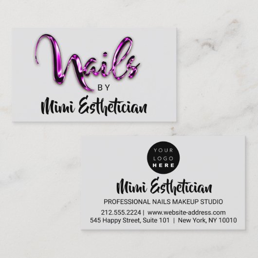 Nails Studio Artist Nails Script Logo Grau Pink Visitenkarte (Vorne/Hinten)