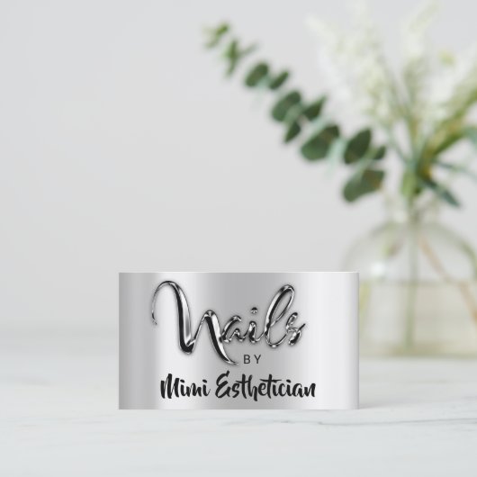 Nails Studio Artist Nails Script Logo Silver Metal Visitenkarte (Stehend Vorderseite)