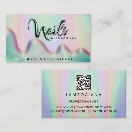Nails Studio Logo Holograph QR Code Aquamarin Fog Visitenkarte (Vorne/Hinten)
