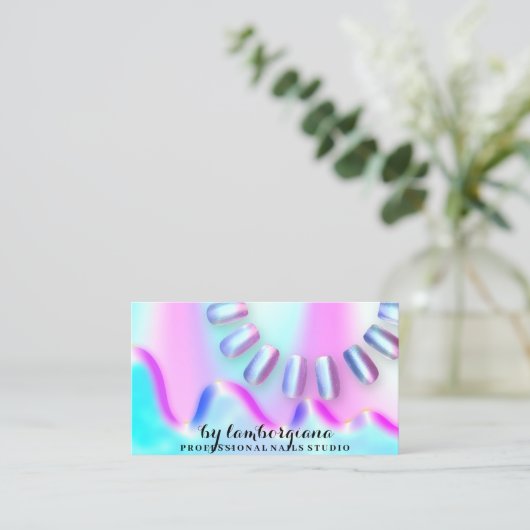 Nails Studio Logo Holograph QR Code Blau Rosa Visitenkarte (Stehend Vorderseite)
