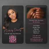 Nails Technician QR Code Metallic Black Pink Visitenkarte
