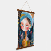 Naïve Abstrakt Girl with a Pearl: Moderne Kunst Dr Wandteppich Mit Holzrahmen (Gewinkelt)