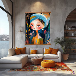 Naïve Abstrakt Girl with a Pearl: Moderne Kunst Dr Wandteppich Mit Holzrahmen