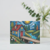 NAIVE Art Postcard Waldlandschaft und Hütte. Postkarte (Stehend Vorderseite)