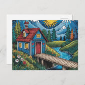 NAIVE Art Postcard Waldlandschaft und Hütte. Postkarte (Vorne/Hinten)