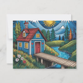 NAIVE Art Postcard Waldlandschaft und Hütte. Postkarte