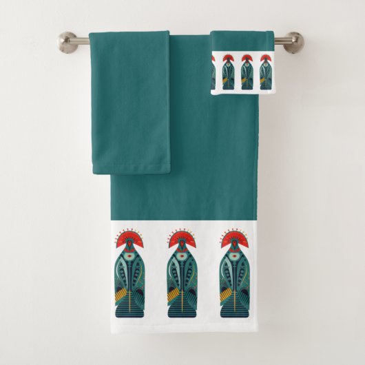 Naive Bird Red Feather Green Robe Cobe Border Badhandtuch Set (Insitu)