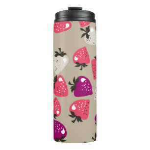 Naive Erdbeeren: Beige Hintergrund Nahtlos. Thermosbecher