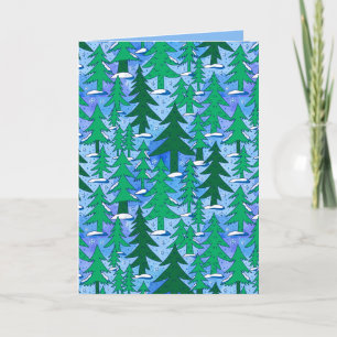 Naive Kunst Winter Fichtenwald Grün Blau Karte