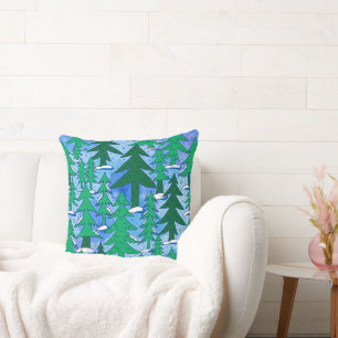 Naive Kunst Winter Fichtenwald Grün Blau Kissen