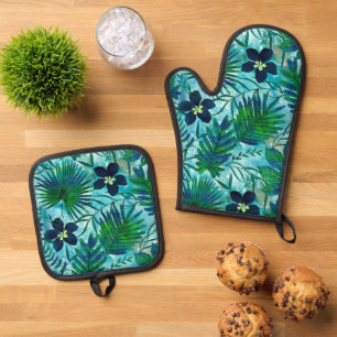 Nalani Hawaiian Tropical Garden Aquamarin Green Ofenhandschuh & Topflappen-Set