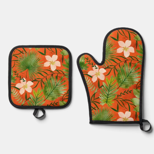 Nalani Hawaiian Tropical Garden Orange Ofenhandschuh & Topflappen-Set (Vorderseite)