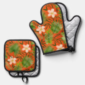Nalani Hawaiian Tropical Garden Orange Ofenhandschuh & Topflappen-Set (Vorderseite/Rückseite)