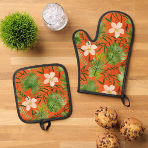 Nalani Hawaiian Tropical Garden Orange Ofenhandschuh & Topflappen-Set