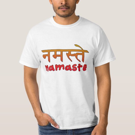 Namaste im englischem und Hindi-Skript T-Shirt (Vorderseite)