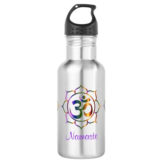 Namaste Om Om & Lotus Prismatischer Regenbogen Edelstahlflasche (Vorderseite)