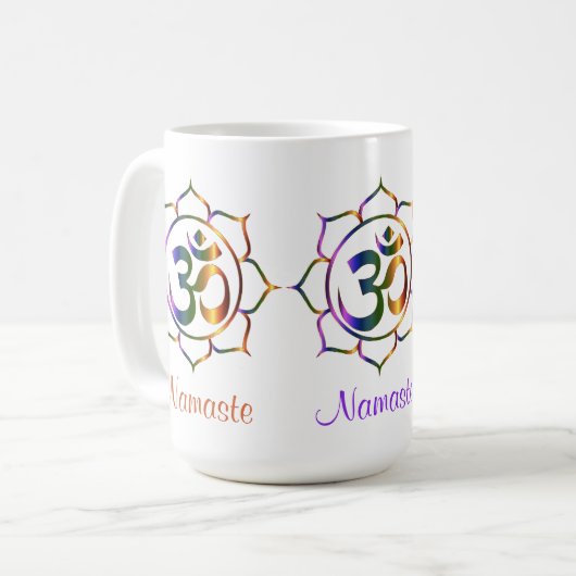 Namaste Om Om & Lotus Prismatischer Regenbogen Kaffeetasse (Vorderseite Links)