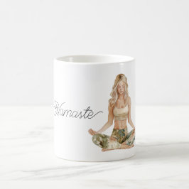 Namaste-Yogahaltung blondes Mädchen Kaffeetasse