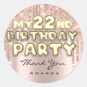 Name 22. Geburtstagsparty Glitzer Tropfen Rose Runder Aufkleber