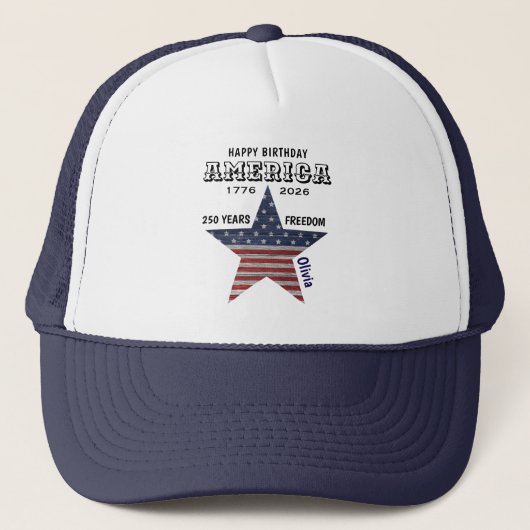 Name || 250th Happy Birthday America Navy Blue Truckerkappe (Vorderseite)