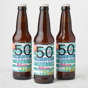 Name 50 und Fabulous Tropical Floral 50. Geburtsta Bierflaschenetikett