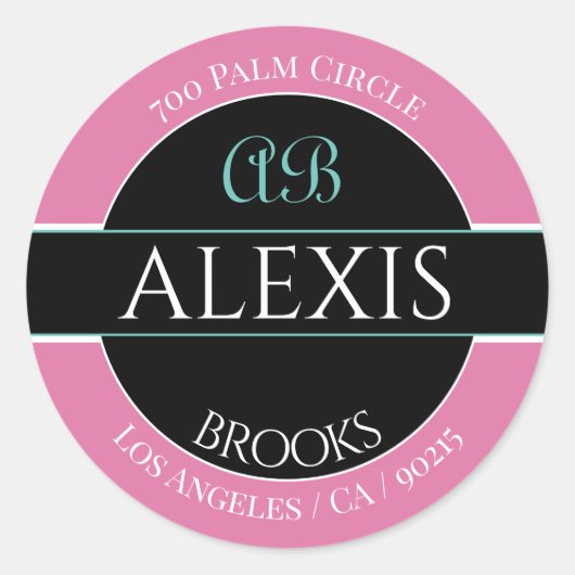 Name Address Monogram, Pink Black & White Runder Aufkleber (Vorderseite)